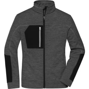 A grey polar fleece jacket with black accents and a zippered pocket, featuring a collar and full zip closure.