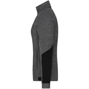 A grey fleece jacket with black sleeves and a high collar, featuring a logo on the side.