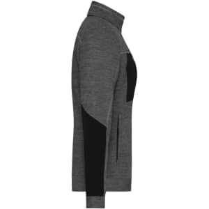 A polar fleece jacket in grey with black accents, featuring a high collar and side pockets. Includes a logo.