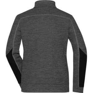 A grey ladies' fleece jacket with black side panels and a high collar, featuring a logo on the back.