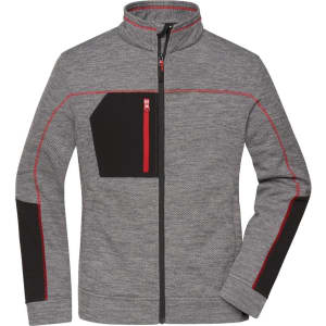 A grey ladies' fleece jacket with black accents and red detailing, featuring a zip front and a logo.