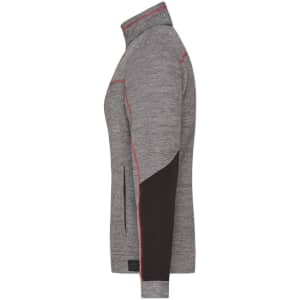 A grey polar fleece jacket with black sleeves and red detailing, featuring a high collar and side zip pockets.