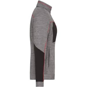 A grey polar fleece jacket with black accents and a logo on the chest, featuring a high collar and side pockets.