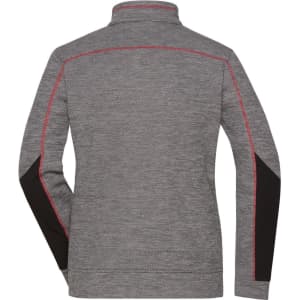 A grey fleece jacket with black accents and a high collar, featuring a logo on the back.