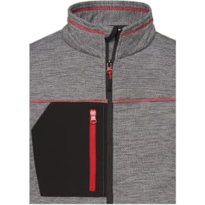 A grey fleece jacket featuring a contrasting black pocket and red zip detailing, with a high collar.