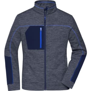 A polar fleece jacket in navy blue with grey detailing, featuring a zippered front and a pocket. Includes a logo.
