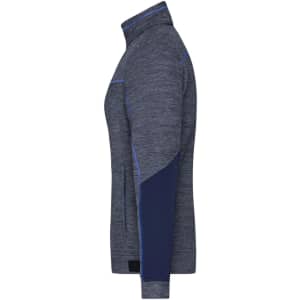 A navy and grey ladies fleece jacket with a zip collar, featuring a logo and contrasting panel on the sleeve.