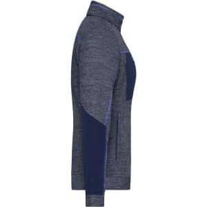 A navy and grey ladies fleece jacket with a zip collar, side pockets, and a branded logo.