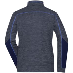 A navy blue fleece jacket featuring contrast detailing and a collar, with a branding logo on the back.