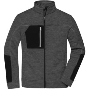 A men's polar fleece jacket in grey with black accents and a front zip pocket, featuring a branding logo.