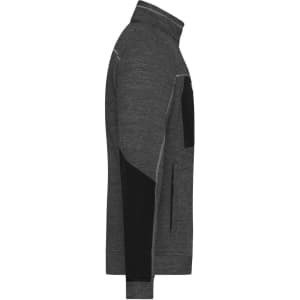 A men's polar fleece jacket in grey with black accents and a zippered pocket, featuring a high collar.
