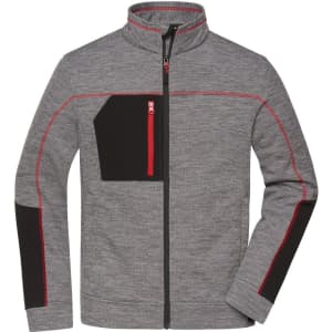 A men's fleece jacket in grey with black accents and red stitching, featuring a zip front and a chest pocket.