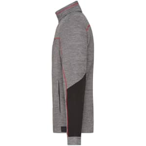 A grey and black men's fleece jacket with a high collar and contrasting stitching, featuring a logo.