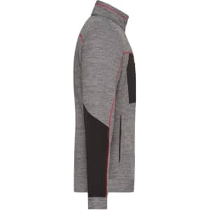 A men's polar fleece jacket in grey with black and red accents, featuring a logo on the front.