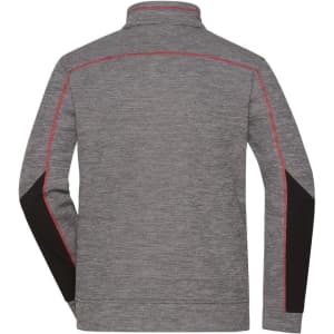A grey men's polar fleece jacket with black accents and red stitching on the back. It features a high collar and long sleeves.