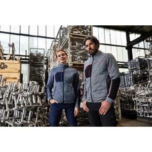 A polar fleece jacket in grey, featuring a zipped front and contrasting details, worn by a man and a woman.
