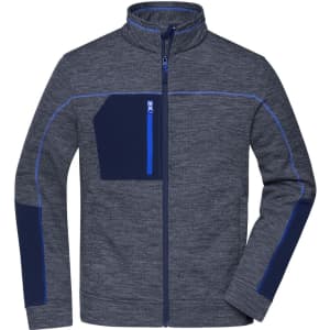 A grey men's fleece jacket featuring a zippered pocket in navy blue and contrasting blue accents. It has a high collar.