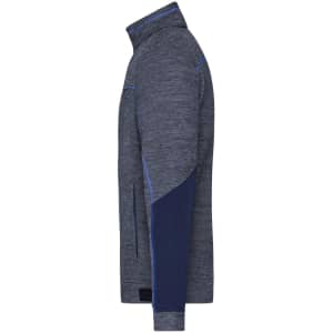 A men's polar fleece jacket displayed in navy blue and grey, featuring a side view with a logo.