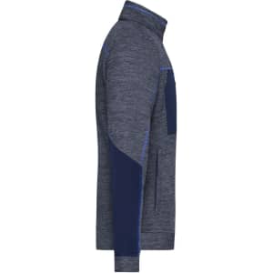 A side view of a men's polar fleece jacket in grey with navy accents and a logo.