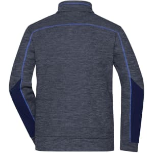 A men's polar fleece jacket in navy blue with contrasting blue stitching and side panels. Features a high collar and a logo.
