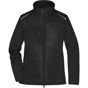 A black soft shell jacket with a zip front, featuring a zip pocket and sleek design elements. It has branding on the jacket.