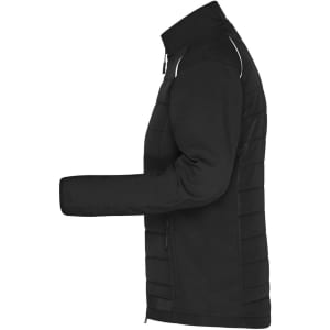 A black soft shell jacket with a zippered front and a sleek design, featuring a logo on the side.