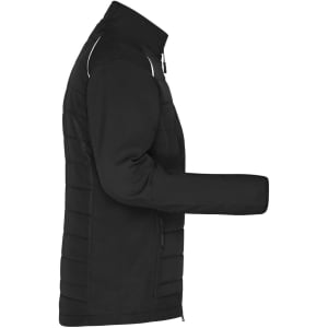 A black soft shell jacket with a quilted design, featuring a zippered front and reflective details. It has one visible arm.