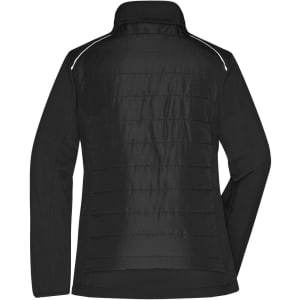 A black soft shell jacket featuring a quilted back design and a collar. It has a branding logo.