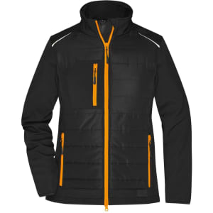 A black soft shell jacket featuring orange zippers and detailing, with multiple zippered pockets and a high collar.