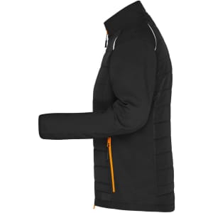 A black ladies hybrid jacket featuring a zippered pocket and orange accents along the seams. It has a soft shell design.