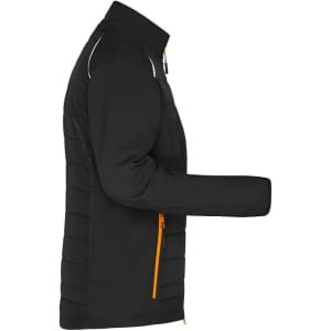 A black soft shell jacket with an orange zip, featuring a padded design and a stand-up collar. It has a logo.