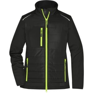 A black soft shell jacket with lime green zippers and accents, featuring multiple pockets and a high collar.