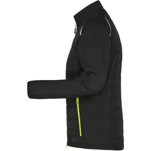 A black ladies hybrid jacket featuring a padded design, with a zippered pocket and lime green accents.