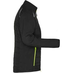A black soft shell jacket with green accents, featuring a zip and a logo. Side view displays its fitted design.