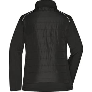 A black ladies hybrid jacket featuring a soft shell design and a smooth back with subtle detailing.