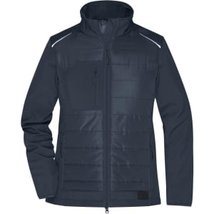 A navy soft shell jacket with a zippered front, featuring a chest pocket and reflective detailing. It has a logo.