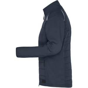 A soft shell jacket in navy blue with a zippered front and stand-up collar. Features a logo on the arm.