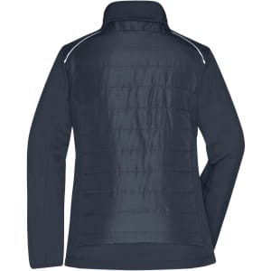 A navy soft shell jacket with a sleek design, featuring a zip-up collar and a logo on the back.