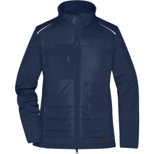 A navy ladies soft shell hybrid jacket with zippered pockets and a collar, featuring a branding logo.