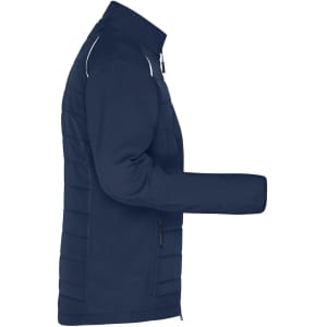 A navy blue soft shell jacket featuring a zip and one extended arm, with a logo on it.