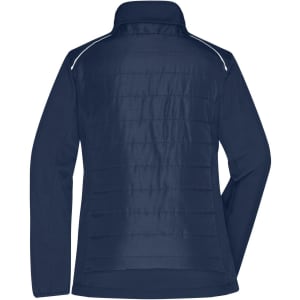 A navy soft shell jacket featuring a quilted design and a high collar. It has a logo on the back.