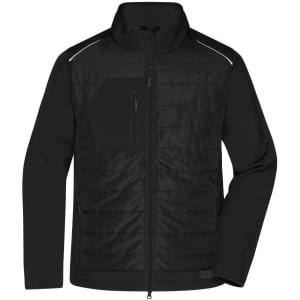 A men's hybrid jacket in black featuring a zip front, a chest pocket, and reflective detailing. It has a logo on it.