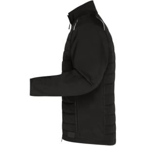 A black soft shell jacket featuring a padded design and a full zip closure. It has a logo on the chest.
