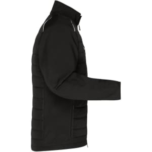 A black men's hybrid jacket featuring a soft shell material with quilted detailing on the sides and a logo.