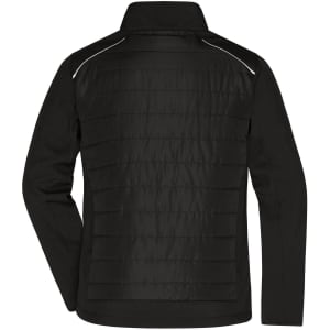 A black men's hybrid jacket with a soft shell design and a quilted back, featuring a logo on the front.