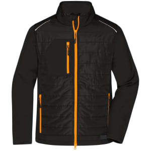 A black soft shell jacket with orange zippers and accents, featuring a front pocket and a high collar.