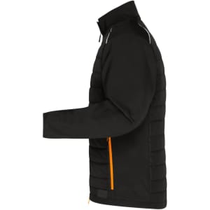 A black soft shell jacket with an orange zip pocket, featuring a padded design and a high collar, alongside a logo.