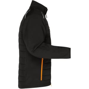A black hybrid jacket with an orange zipper and logo, featuring a padded design and a standing collar.