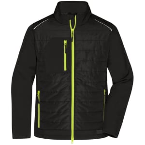 A men's hybrid jacket in black with contrasting bright green zippers and a subtle logo. Features both soft shell and padded sections.