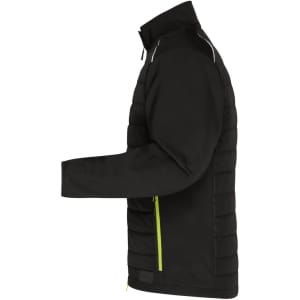 A black men's hybrid jacket featuring a quilted design, with a zip pocket and contrasting green accents.